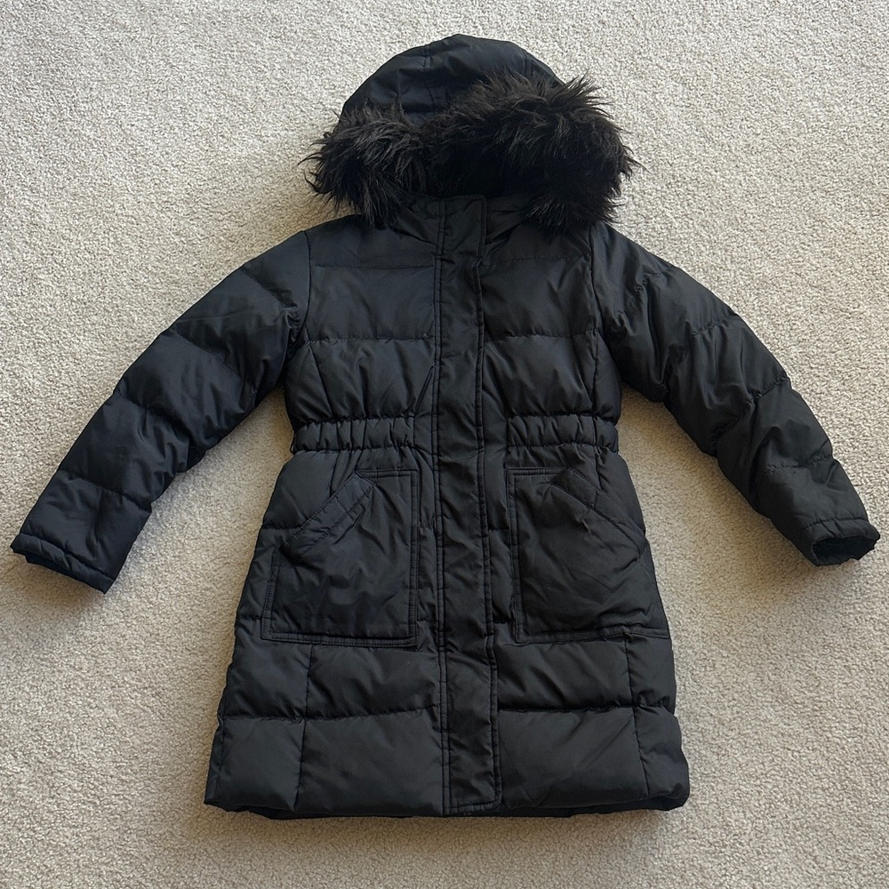 GAP Kids Black Puffer Coat with Faux Fur Hood M(8)